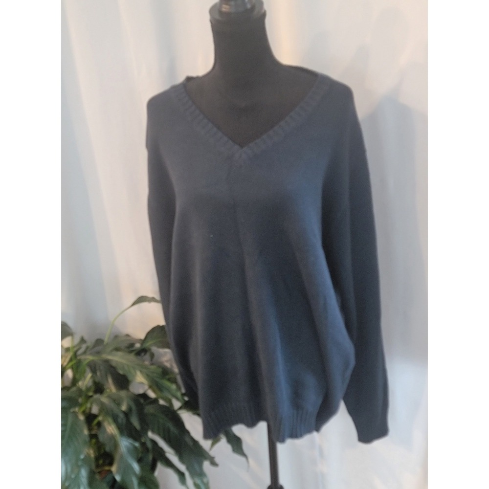 Brandy Melville Navy Blue Oversized V-Neck Knit Pullover Sweater One Size